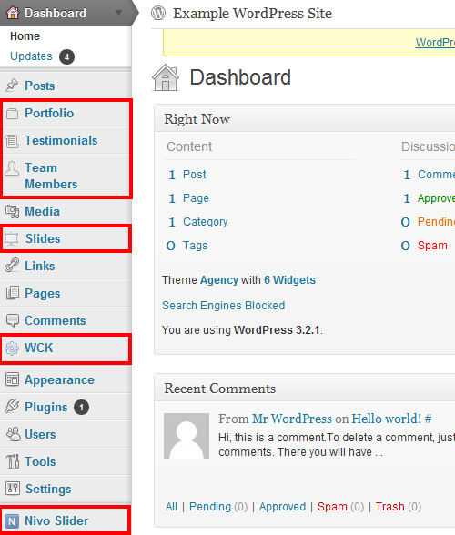 The WordPress admin menu with the menu items highlighted