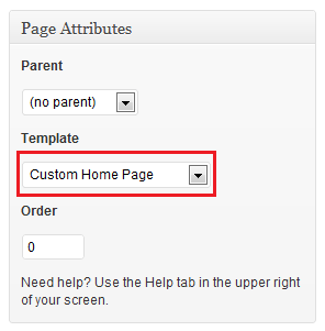 The page attributes post meta box with the custom homepage template highlighted