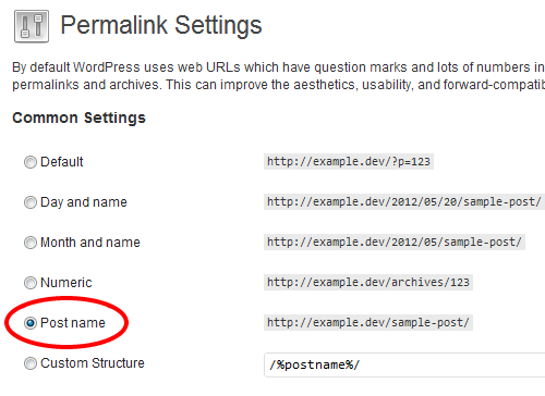 the permalinks setting with the postname structure highlighted