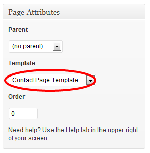 the page attributes meta box with the contact page template highlighted