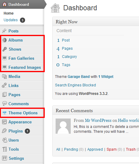 The WordPress navigation with the Garageband menu items highlighted