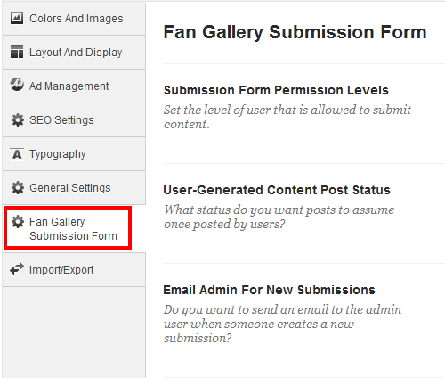 The Fan Gallery submission form settings